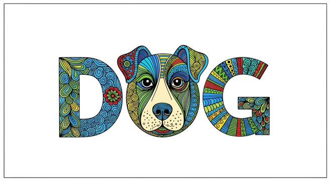 Colorful Dog Face Art Integrated into Text 'DOG' with Intricate Patterns