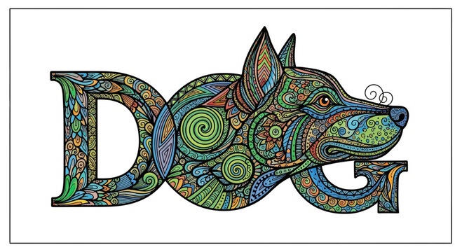 Artistic Dog Word Art: Intricate Zentangle Design of a Dog's Head Forming the Word DOG