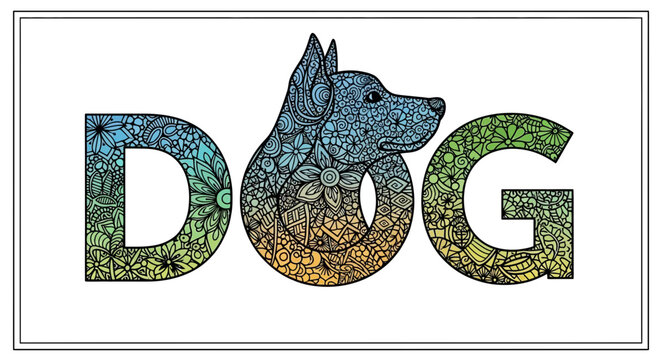 Artistic Dog Word Art with Floral Patterns and Gradient Colors