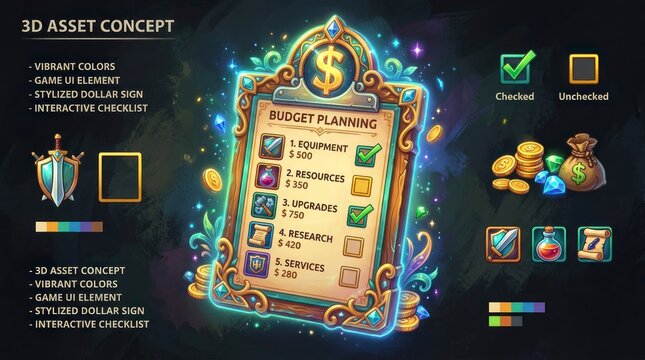 Fantasy Game Asset Concept - Budget Planning Interface with Gold Coins and Icons.