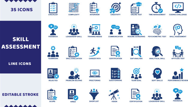 Skill assessment vector icons. HR talent evaluation and recruitment line signs set. Career development icon