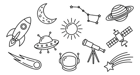Space exploration line icon set, outer space galaxy vector elements, minimalist celestial astronomy symbols, rocket ship and planet illustrations © Jemie