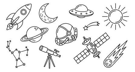 Outer space line art icons set, hand drawn astronomy doodles with rocket and planets, galaxy exploration vector elements for coloring book © Jemie