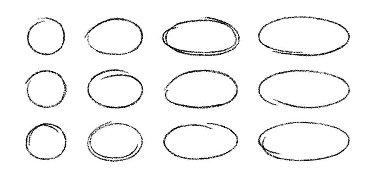 Hand drawn crayon ovals and circles set. Chalk pencil ovals of different widths. Highlight line circle frames. Design ellipses in crayon doodle style. Vector illustration isolated on white background.