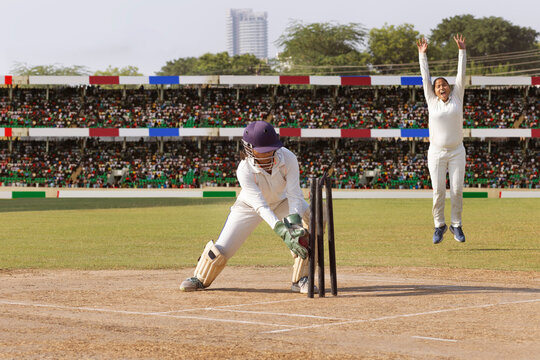 Wicketkeeper and fielder celebrating a successful catch in cricket