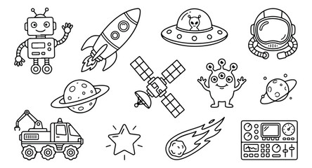 Outer space line art icons set, cute galaxy exploration vector elements, black and white science fiction stickers for coloring and education © Jemie