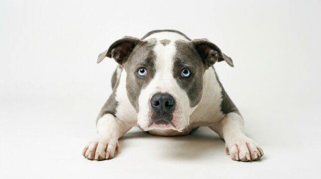 A captivating studio portrait of a beautiful, alert, and friendly American Pit Bull Terrier dog, lying down.