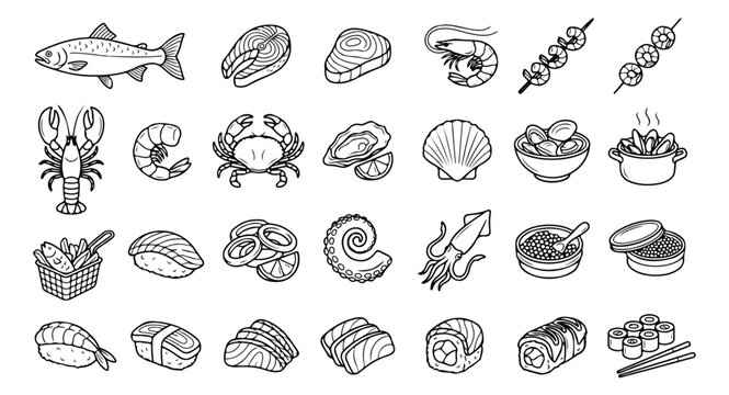Seafood and sushi icon set, 28 black and white line art vector elements, fresh fish and shellfish illustrations for restaurant menus and food packaging