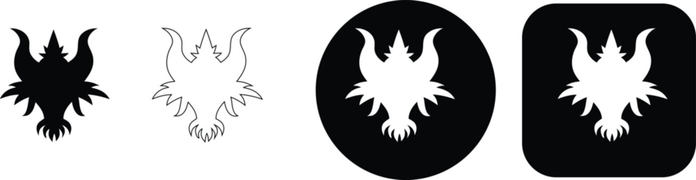 Set of four devil or monster head with horns, presented in solid black, outline, and within circular frame