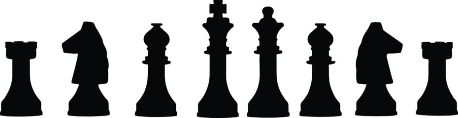 Black Silhouette Chess Pieces Set with King Queen Bishop Knight Rook and Pawn © Bristy