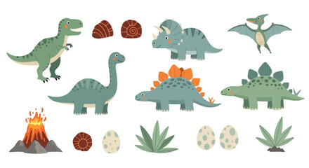 Prehistoric dinosaur collection with volcano and fossil eggs © rendi