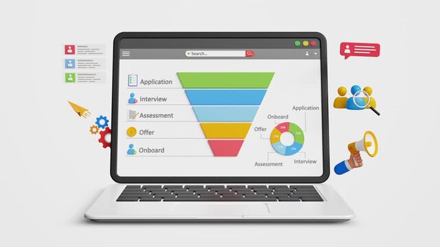 Recruitment Process, HR Management. Candidate Selection Process. Job Interview and Hiring Pipeline. Hiring Efficiency. HRM, Employment Headhunting Funnel on a Laptop. 3D Video Animation