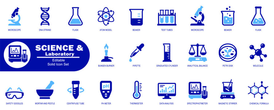 Science laboratory solid icon set. Concept of editable line icons, such as a microscope dna strand flask atom model, and a beaker. Vector Illustrator.