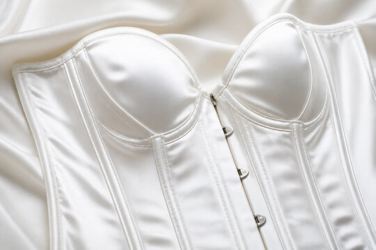 A close-up of a white satin corset or bustier against a background of draped white fabric.