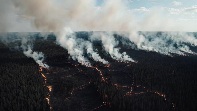 Drone view of raging forest wildfire with glowing embers, dark smoke plumes, and scorched earth spreading, symbolizing environmental disaster and climate change