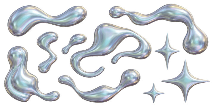 Set of shiny silver liquid metal blobs and star shapes with a reflective metallic texture for modern design
