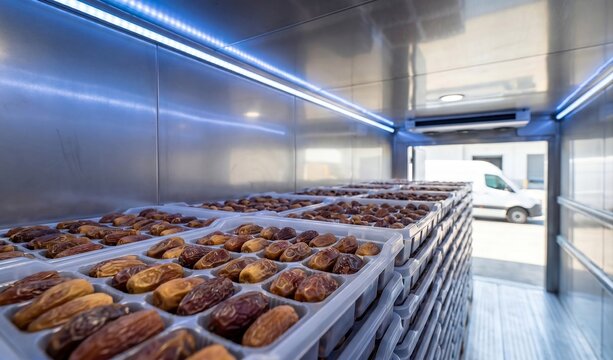 Smart cold chain logistics with fresh date fruits. Trays of organic sweet dates fruit stacked inside a refrigerated delivery truck trailer at warehouse