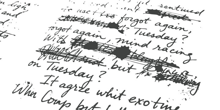 Messy handwritten notes on paper with black ink scribbles crossing out text and revealing a chaotic mood