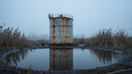 Obraz premium A rusty cylindrical metal tank stands on a muddy bank, surrounded by tall dry reeds. Its weathered form is mirrored perfectly in the still water below amidst heavy fog.