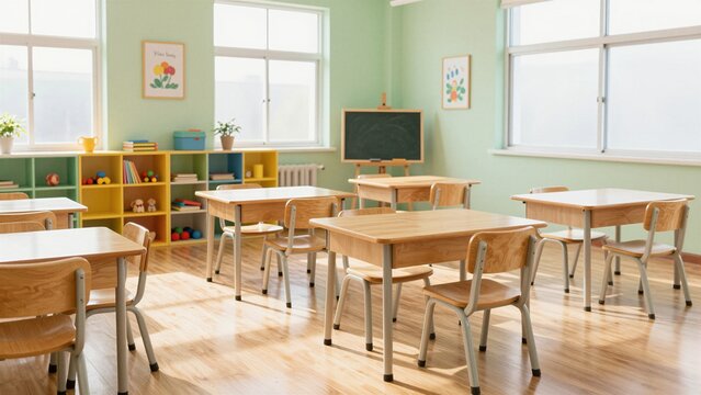 Bright and inviting empty preschool room featuring light wood desks, chairs, a chalkboard easel, colorful storage shelves filled with toys, and large windows letting in natural sunlight.