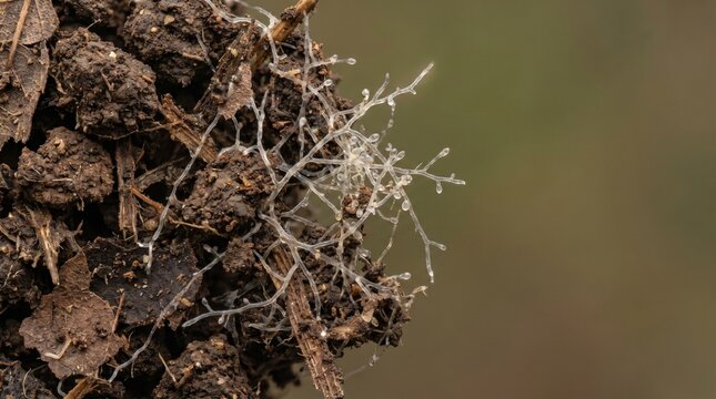 Creative Close-up of mycelium network on decaying wood, fungal growth, white hyphae, organic matter, natural decomposition 2k