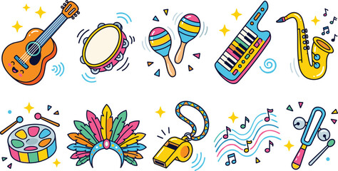 Cute cartoon musical instruments and festival carnival vector icon set featuring guitar saxophone keytar maracas drum whistle tambourine feathers and music notes. © MdMahfizur