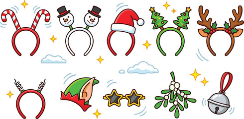 Cute cartoon Christmas headband and party accessories vector icon set featuring reindeer antlers candy canes snowman santa hat elf ears and mistletoe. © MdMahfizur