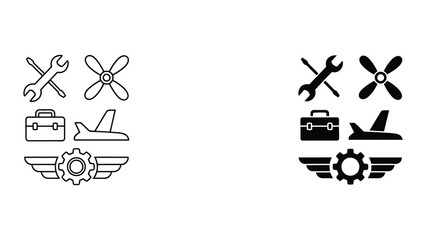 Vector travel and transport icons set with luggage, airplane, propeller, ship, and tools © Freecom