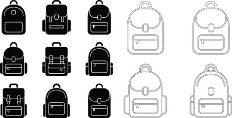 Stylized backpack icon set vector illustration with solid silhouettes and outlined designs for school, travel, and lifestyle themes © mstlipibegum