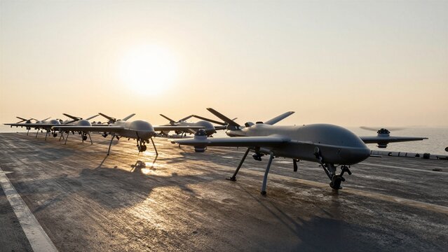 Several gray military drones are parked in a row on an aircraft carrier's flight deck during a golden sunset, with the sun low on the horizon.