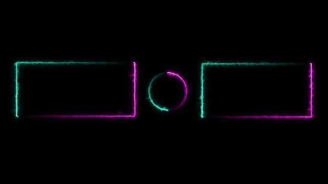 neon glowing geometric rectangle and circle frame. Animation of rectangle glowing neon on black background.