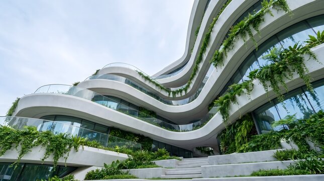 Modern wavy building facade with lush vertical gardens and glass balconies