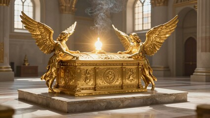 Obraz premium A majestic depiction of the Golden Ark of the Covenant flanked by two golden cherubim, radiating divine light within a sacred temple setting.