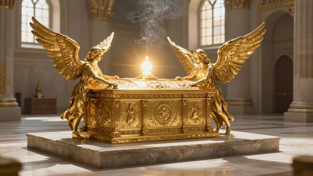 A majestic depiction of the Golden Ark of the Covenant flanked by two golden cherubim, radiating divine light within a sacred temple setting.