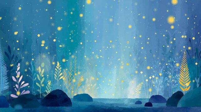 Japanese summer night firefly garden mystical fireflies glowing motion background with dark atmosphere