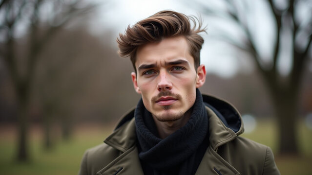 Design style concept nature iteration Outdoor portrait of handsome young man in coat ar beautiful