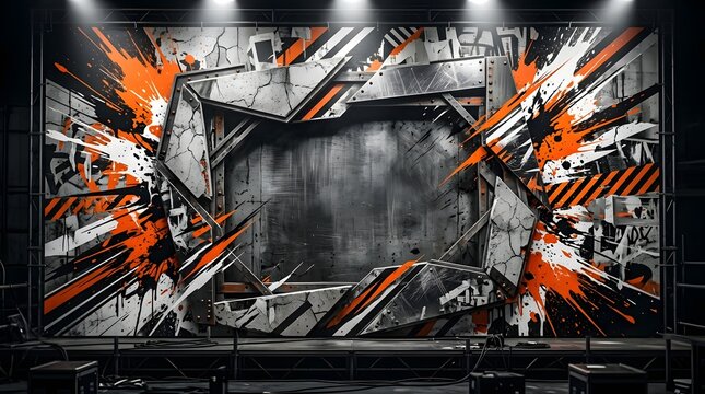 Graffiti Style Urban Wall Art with Explosive Orange Black Paint Splashes and Cracked Concrete Effect