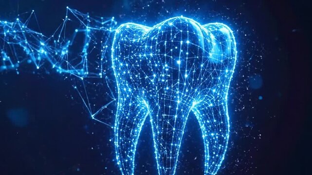 A glowing digital tooth model made of interconnected light nodes