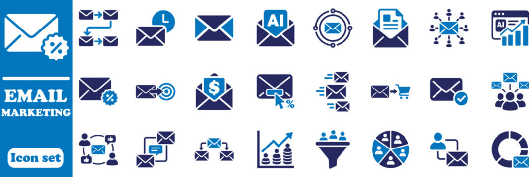 Email marketing icon set for digital campaigns and strategy
