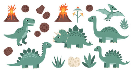 Friendly prehistoric dinosaur collection with volcanoes and foliage © jord