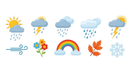 Fototapeta premium Colorful weather forecast icons with seasonal nature symbols