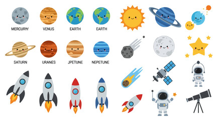 Solar system planets with cute faces and space mission icons © jord