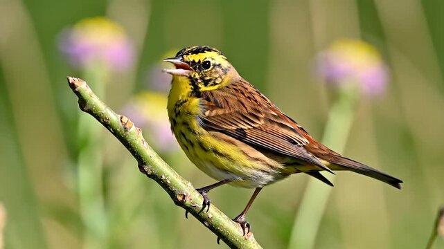 A small yellow and brown bird perches on a thin branch