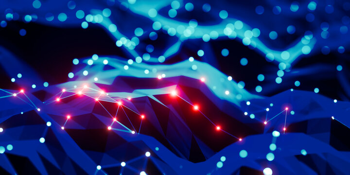 Abstract low poly digital terrain glowing red network connections blue background futuristic technology data science communication virtual landscape concept 3d illustration