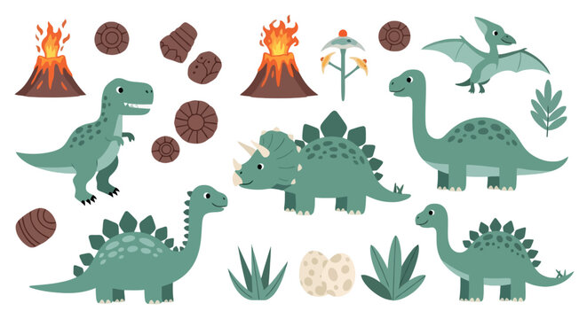 Friendly prehistoric dinosaur collection with volcanoes and foliage