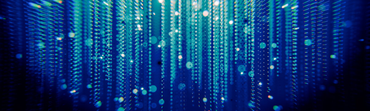 Abstract glowing blue green vertical data stream matrix rain falling particles dark background futuristic digital technology cyberspace system concept 3d rendering