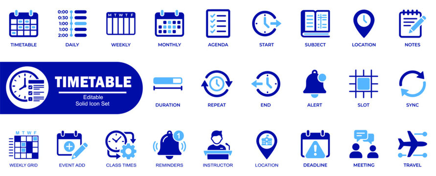 Timetable schedule solid icons set. Featuring planning an academic calendar, events management, and organizing students' daily routine using Vector Illustrator.