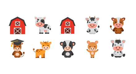 Adorable farm animal collection with cows and red barns © jord