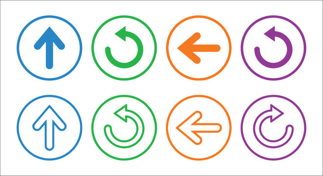 Directional arrow icons in a row flat vector graphics with colored outlines on white background