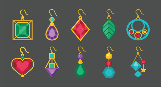 Assorted gemstone earrings vector illustration with geometric shapes and vibrant colors dangle jewelry fashion accessories